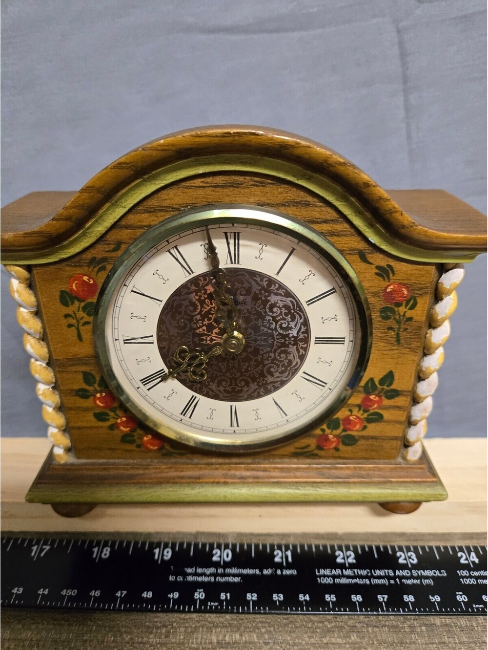 Vintage wooden mantel clock with floral painted front quartz movement
